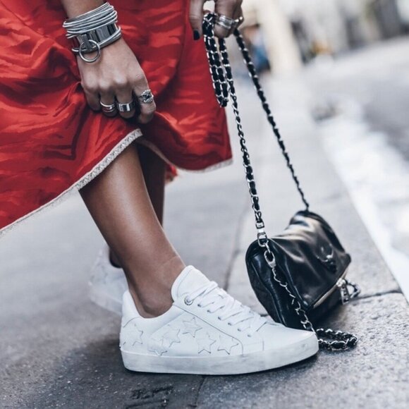 Zadig & Voltaire Leather Distressed Star Applique Lace Up Sneakers White 38 / 7 - Picture 13 of 13